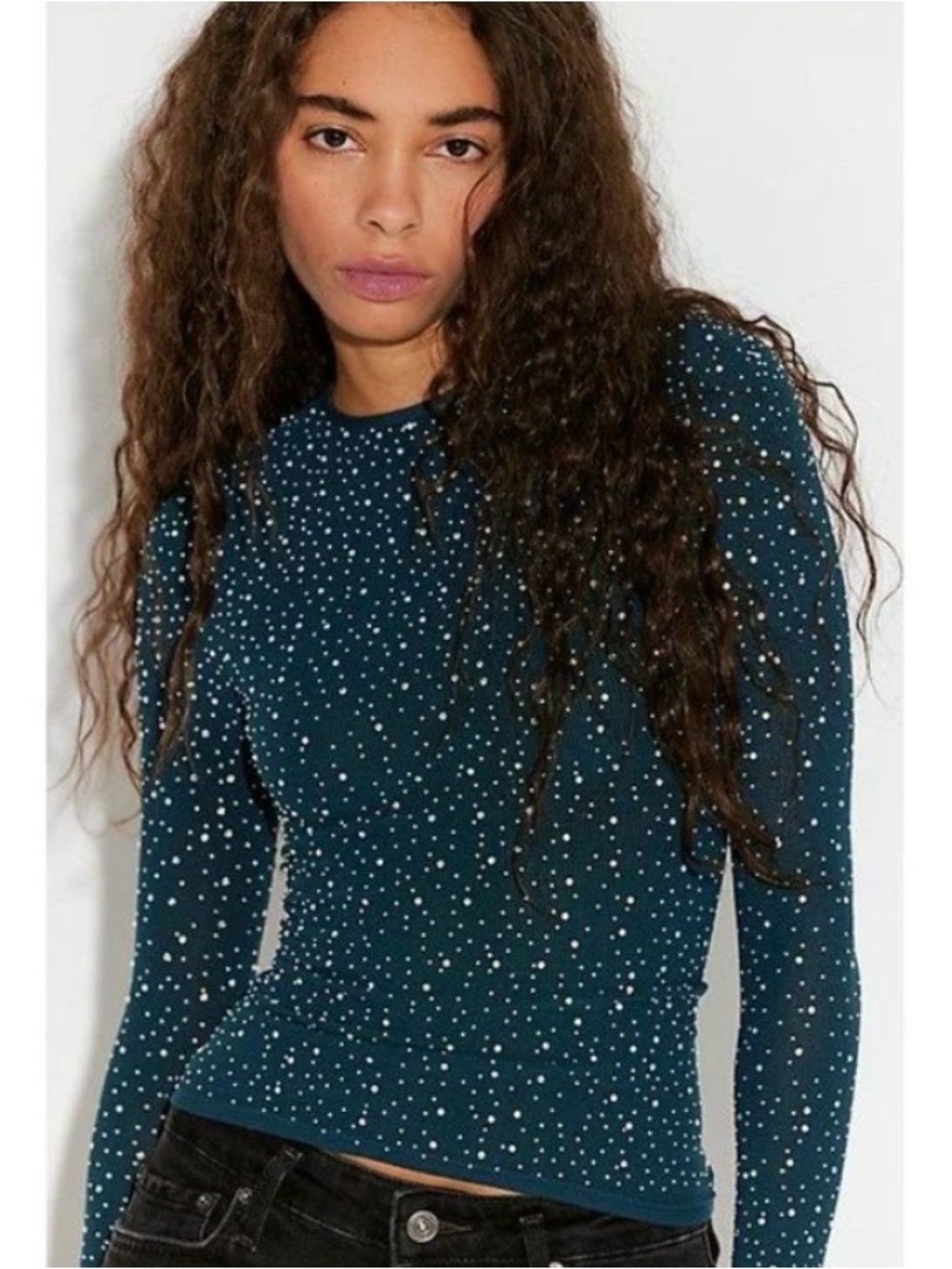 Free People night sky Teal Long-Sleeve Studded Crewneck Top
